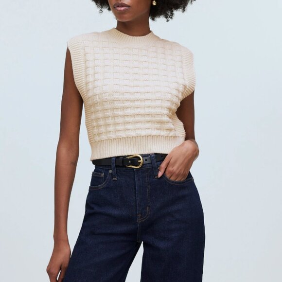 NWT Madewell Checkered-Stitch Wedge Sweater Vest | antique cream | size … - Picture 2 of 8